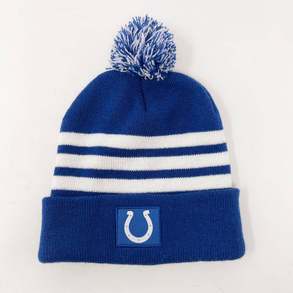 Indianapolis Colts Unisex Beanie Hat Blue White Striped Horseshoe Logo Pom Pom